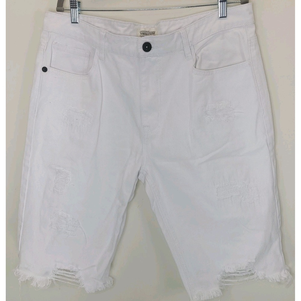 Smoke Rise Distressed White Denim Shorts Mens 36 Raw Hem Streetwear